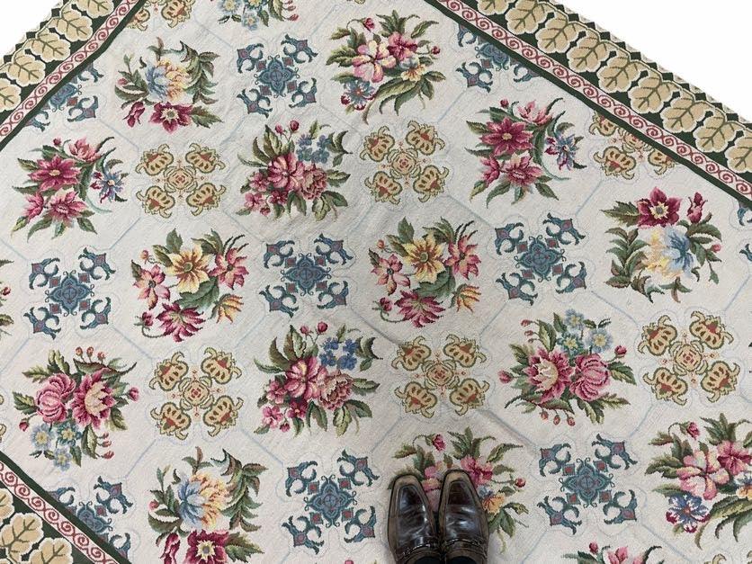 Hand-Knotted Needlepoint Carpet 6x9, Ivory/Cream Background, Colorful Flowers, Yellow Border, Aubusson Rug 6 x 9, New, Handmade - Nuvé