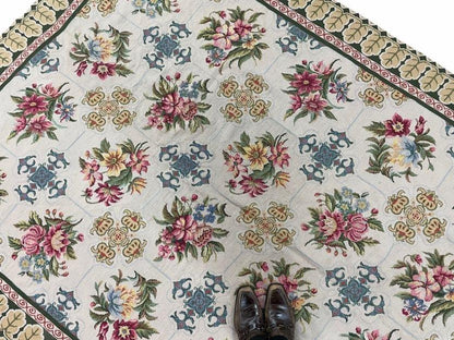 Hand-Knotted Needlepoint Carpet 6x9, Ivory/Cream Background, Colorful Flowers, Yellow Border, Aubusson Rug 6 x 9, New, Handmade - Nuvé