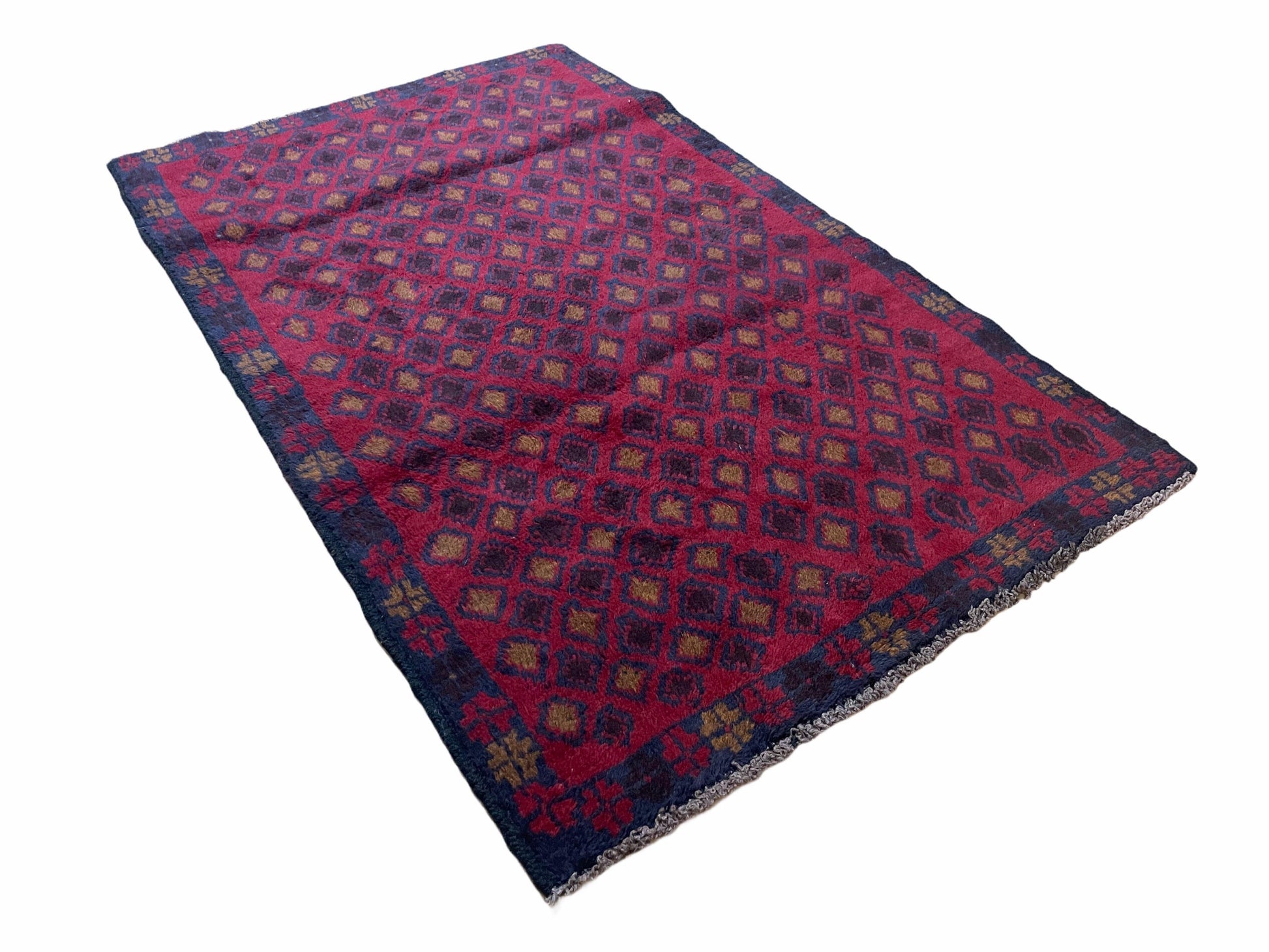 3x5 New Vintage Handmade Tribal Wool Rug Balouch Rug Afghan Rug Red Blue Diamond - Nuvé
