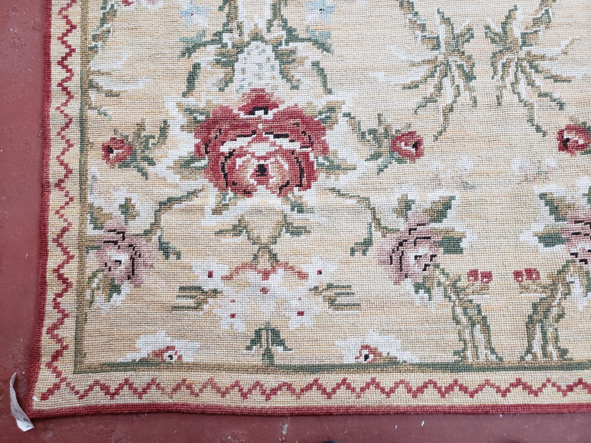 Needlepoint Rug 10x14 Wool Flatweave Carpet, English Floral Pattern, Pale Yellow, Roses, Allover Pattern, Handmade Large Needlepoint Nice - Nuvé