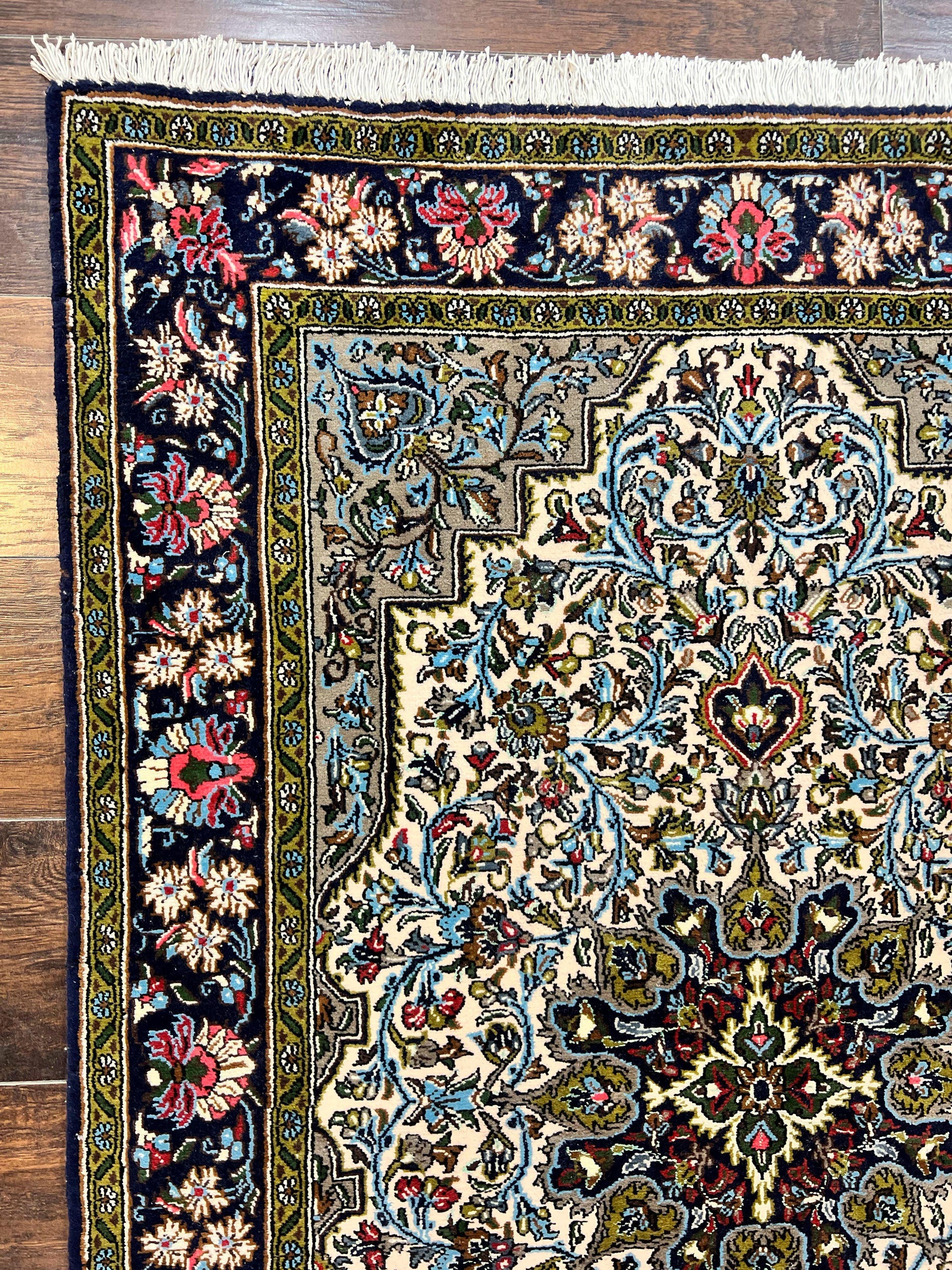 Persian Qum Rug 3x5, Wool with Silk Highlights, Handmade Semi Antique Carpet, Ivory & Navy Blue, Floral Medallion, Finely Hand Knotted - Nuvé