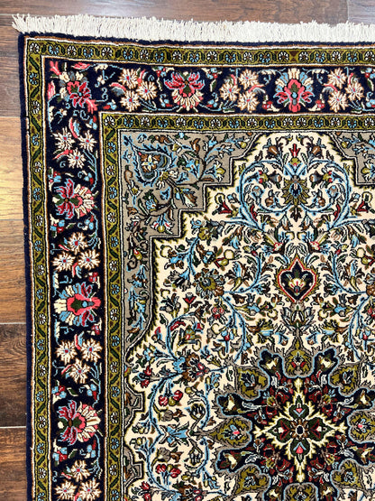 Persian Qum Rug 3x5, Wool with Silk Highlights, Handmade Semi Antique Carpet, Ivory & Navy Blue, Floral Medallion, Finely Hand Knotted - Nuvé