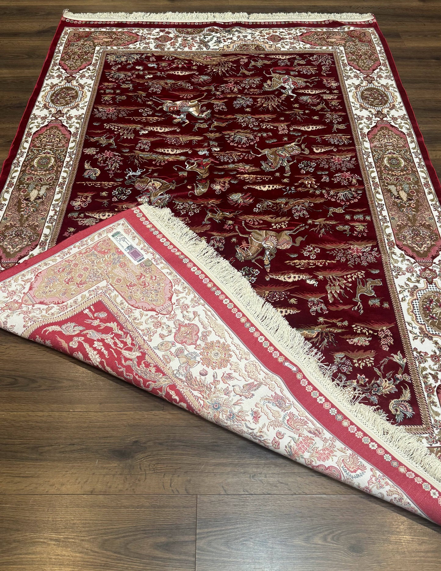 Turkish Silk Hunting Scene Rug 5 x 7.6, Red & Ivory, Bamboo Silk, New - Nuvé