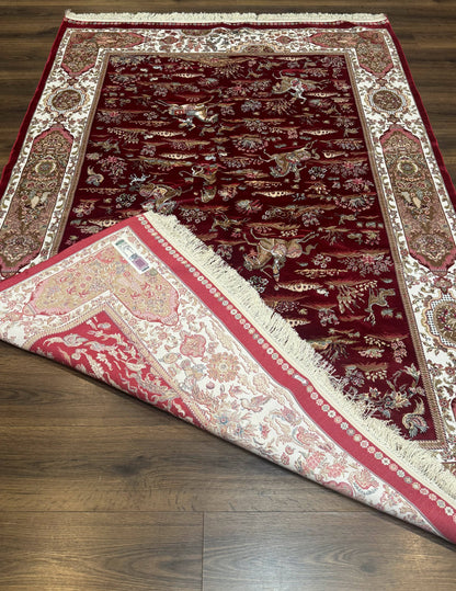 Turkish Silk Hunting Scene Rug 5 x 7.6, Red & Ivory, Bamboo Silk, New - Nuvé