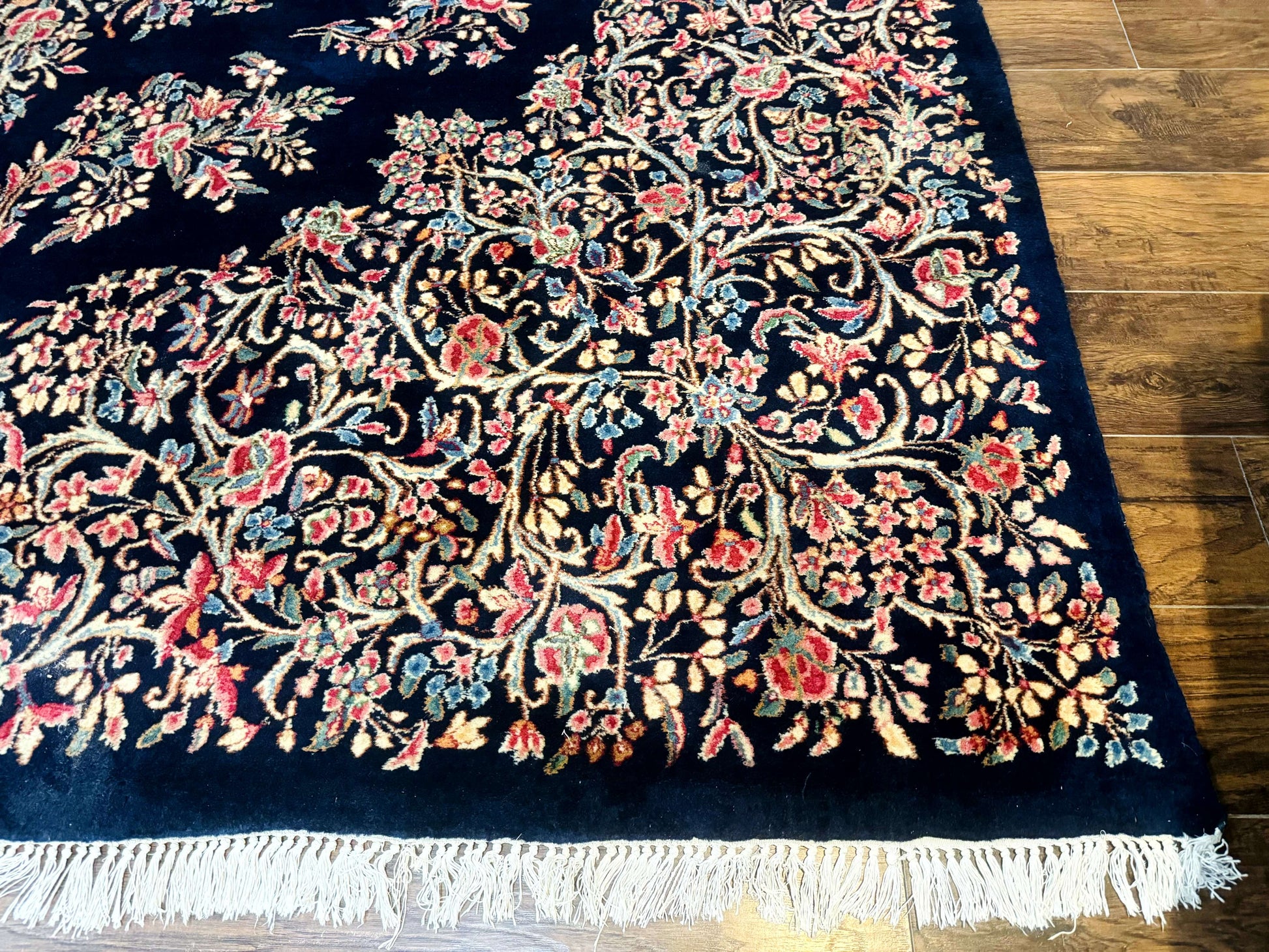 Antique Persian Kerman Rug 10x13, Navy Blue Floral Carpet, Fine 270 KPSI - Nuvé