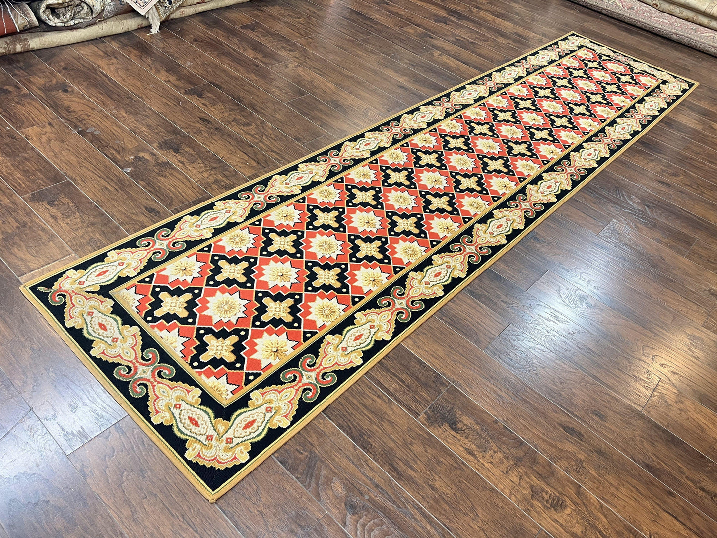 Vintage Runner Rug 3.5 x 14, Long Runner Rug, Stark Custom Made Carpet, European Design, Red Black Ivory Tan, Long Rug for Hallway - Nuvé