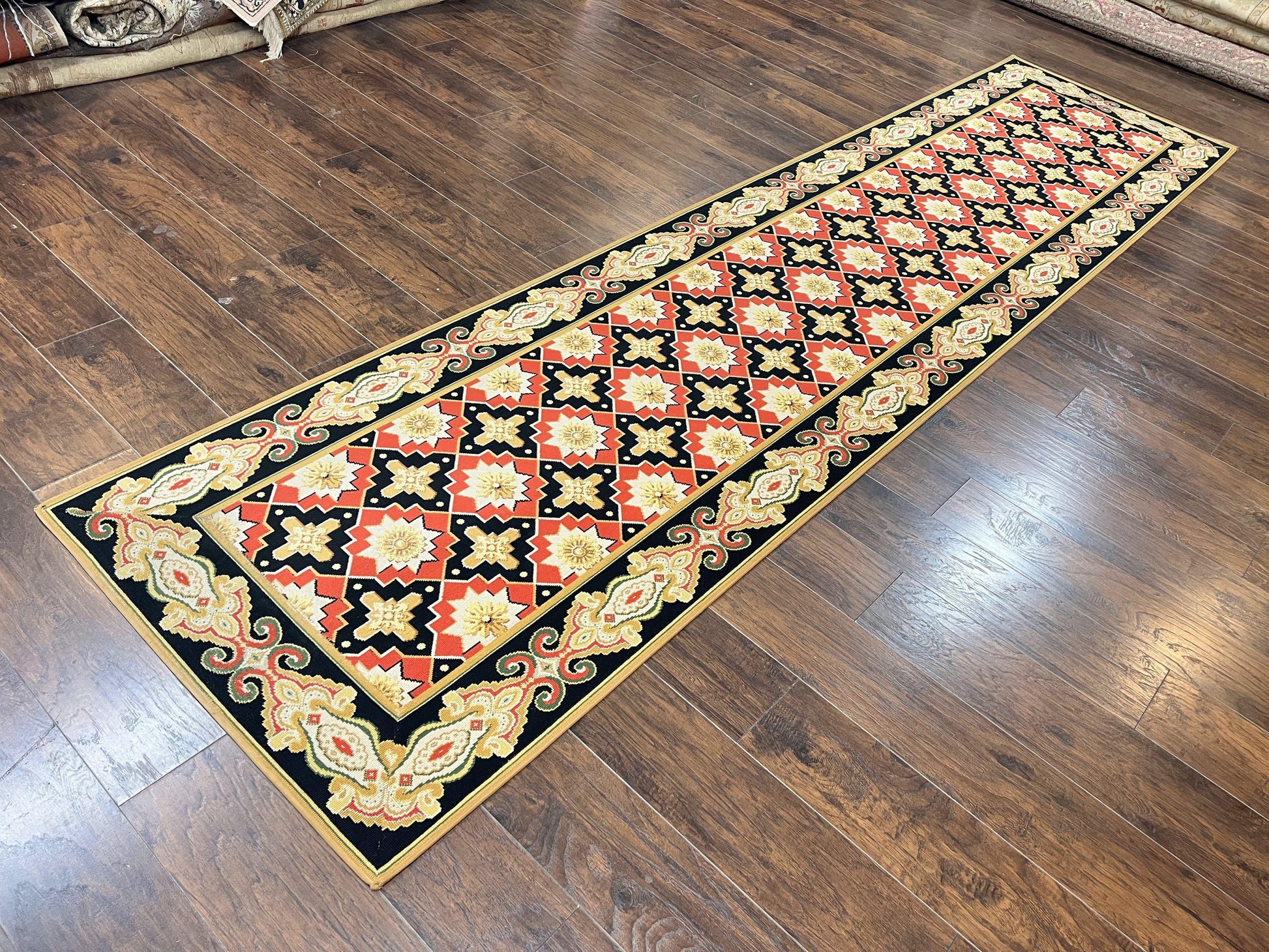Vintage Runner Rug 3.5 x 14, Long Runner Rug, Stark Custom Made Carpet, European Design, Red Black Ivory Tan, Long Rug for Hallway - Nuvé