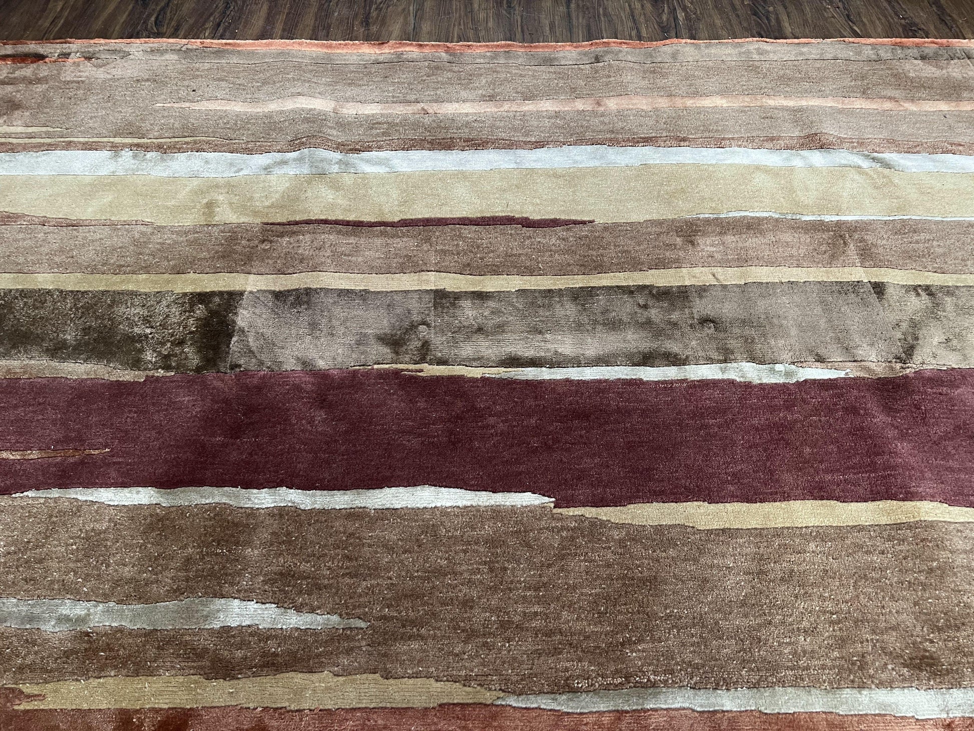 Modern Tibetan Rug 8x11 Nepali Carpet, Shiny Velvely Soft Wool and Silk, Contemporary Hand Knotted Rug, Striped Design, Wool Area Rug 8 x 11 - Nuvé