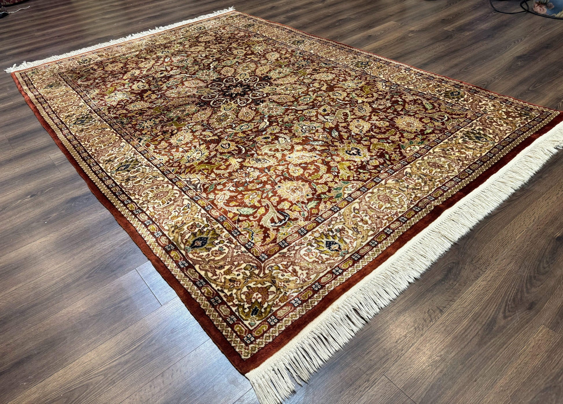 Tree of Life Indian Kashmiri Rug 6x9, Rust Red and Cream, Animal Pictorials, Fine 290 KPSI - Nuvé