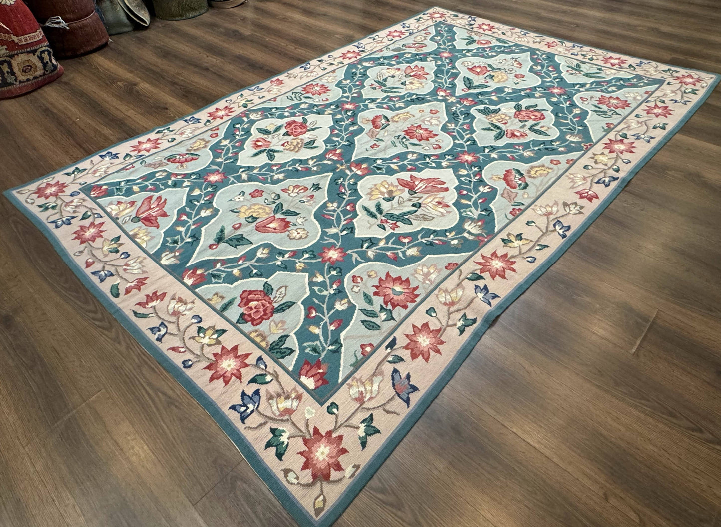 Teal Needlepoint Rug 6x9, Panel Design, Floral Bouquets, Handmade - Nuvé