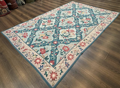 Teal Needlepoint Rug 6x9, Panel Design, Floral Bouquets, Handmade - Nuvé