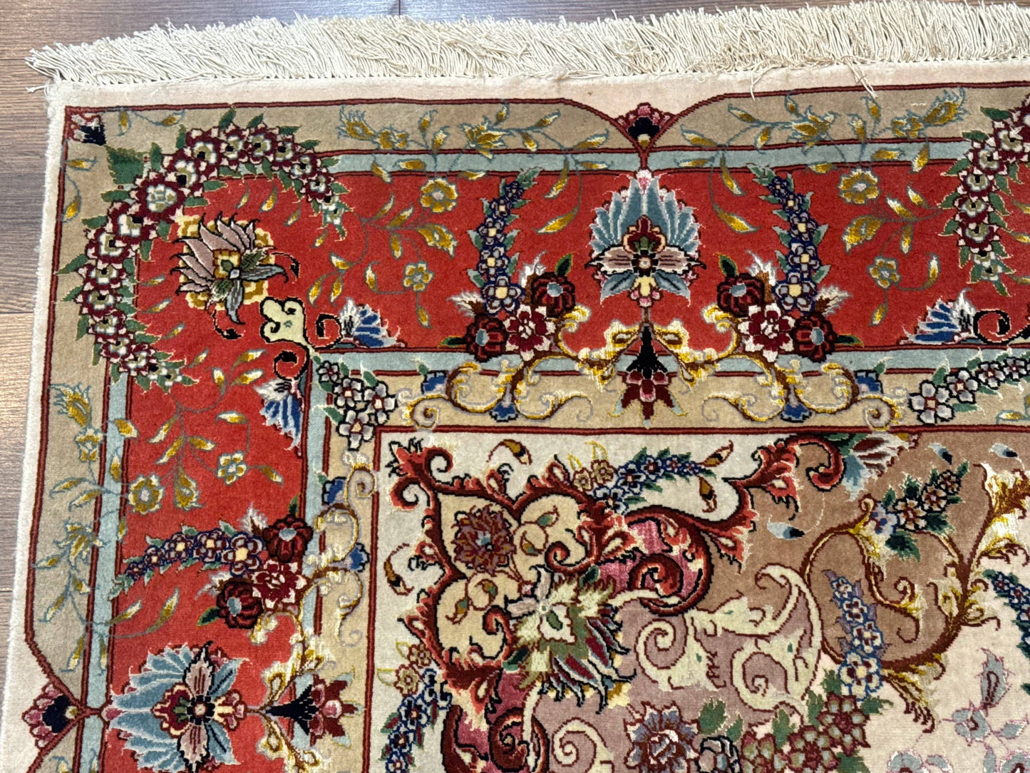 Wonderful Persian Tabriz Rug 5x7, Very Fine 440 KPSI, Ivory and Coral, Rare - Nuvé