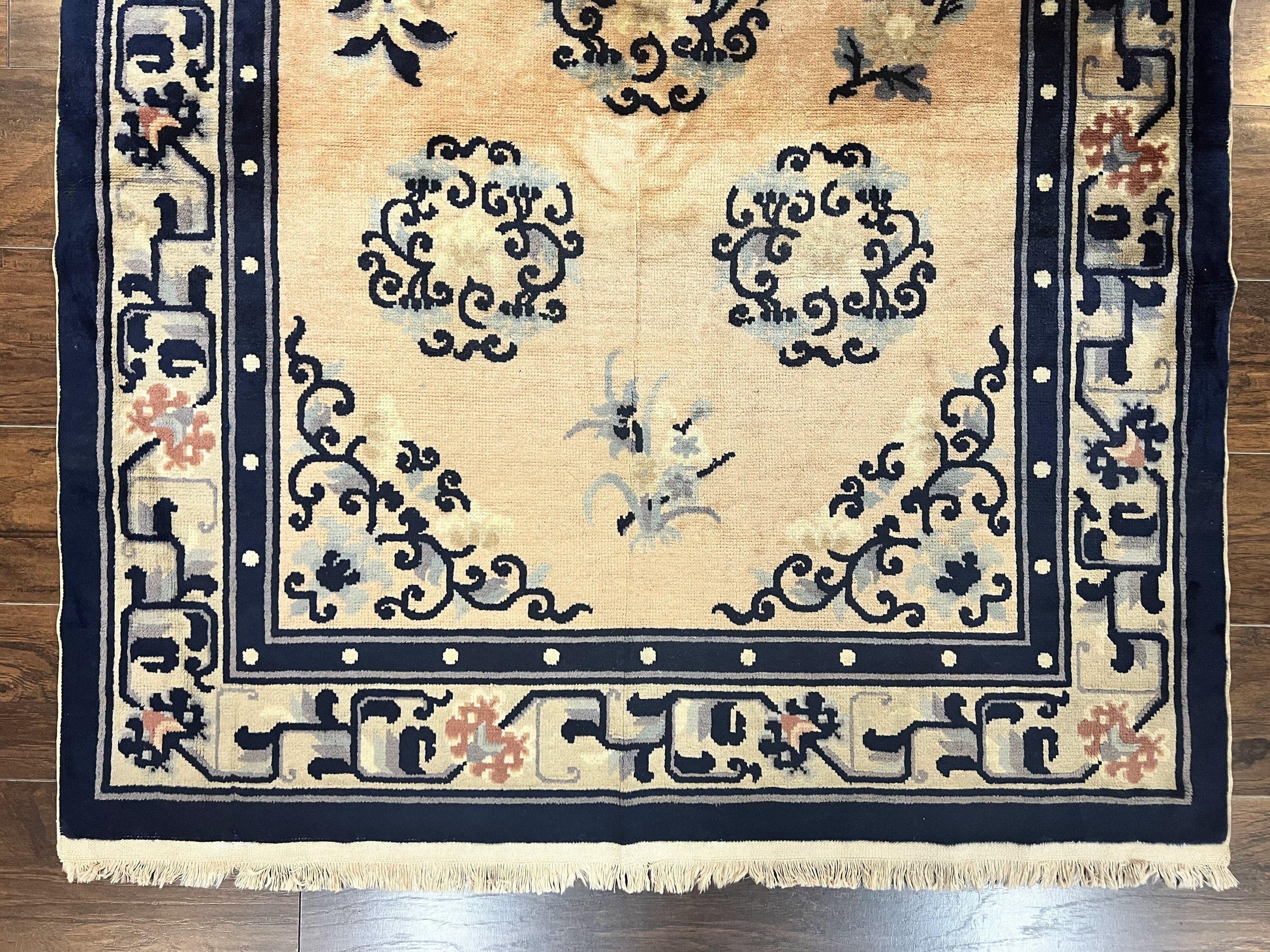 Chinese Peking Rug 4x6, Wool Hand Knotted Handmade Vintage Semi Antique Carpet, Semi Open Field, Light Peach & Navy Blue, Art Deco Rug - Nuvé