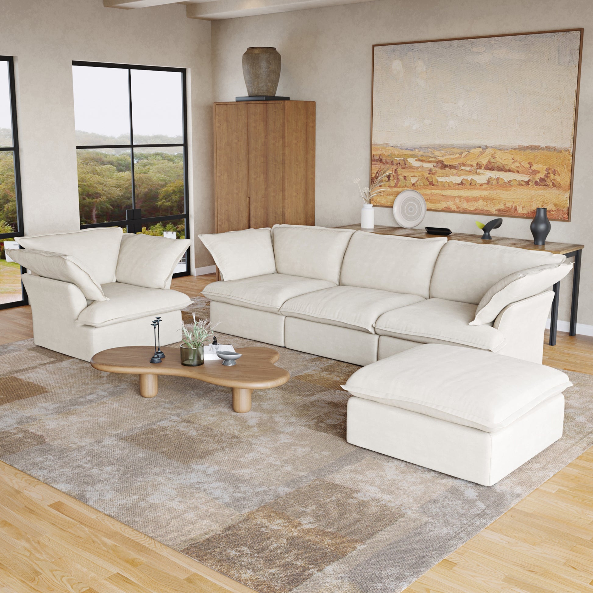 Sabi Modular Boucle Cloud Sofa - Beige - 4-Seater Sectional Sofa with Ottoman - Nuvé