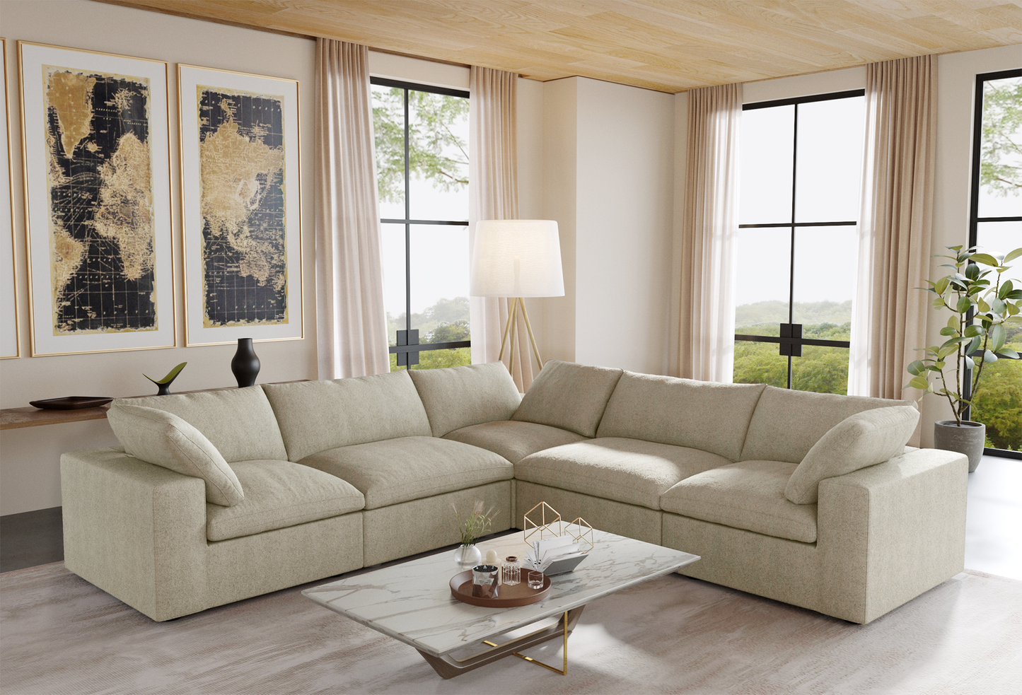 Nuvé® Solace Modular Bouclé Cloud Sofa - Khaki - 5-Seater Corner Sectional (V-Shaped) - Nuvé