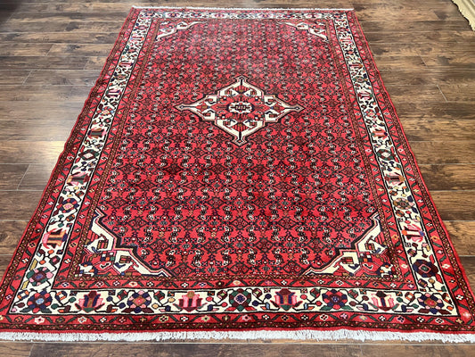 Persian Tribal Rug 7x10, Wool Handmade Semi Antique Vintage Hamadan Dargazine Carpet, Red & Ivory Allover Floral Medallion Rug, 7 x 10 Room Sized Oriental Rug - Nuvé