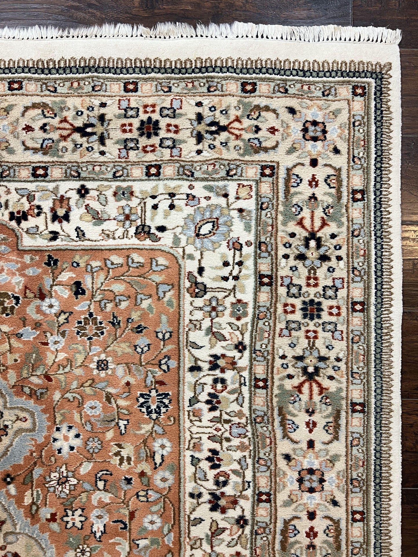 Indo Persian Rug 6x9, Wool Hand Knotted Vintage Carpet, Salmon & Ivory, Traditional Oriental Rug 6 x 9 - Nuvé