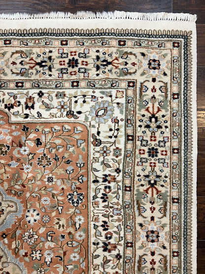 Indo Persian Rug 6x9, Wool Hand Knotted Vintage Carpet, Salmon & Ivory, Traditional Oriental Rug 6 x 9 - Nuvé
