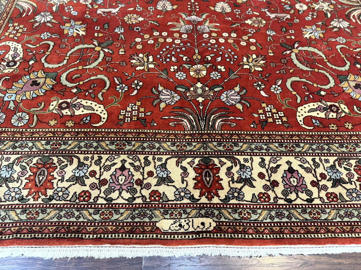 Romanian Rug 10x13, Vintage Handmade Wool Carpet, Floral Pattern, Birds, Red and Cream, Signed By Masterweaver, Persian Rug - Nuvé