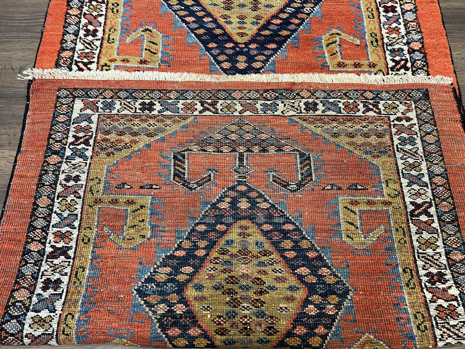 Rare Persian Tribal Runner Rug 3 x 11, Sarab Serab Persian Runner, Antique 1920s Collectible Geometric Medallions Oriental Wool Runner, Hand Knotted, Bright Orange-Red - Nuvé