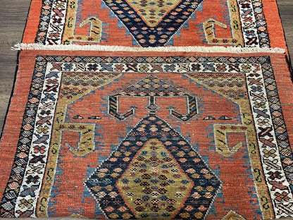 Rare Persian Tribal Runner Rug 3 x 11, Sarab Serab Persian Runner, Antique 1920s Collectible Geometric Medallions Oriental Wool Runner, Hand Knotted, Bright Orange-Red - Nuvé