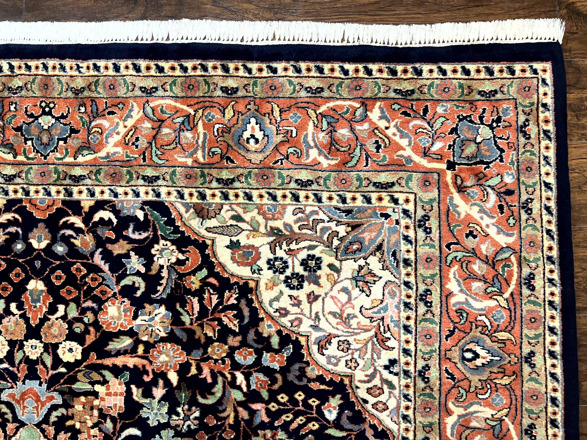 Indo Persian Rug 8x10, Midnight Blue & Red, Handmade Vintage Wool Carpet, Floral Medallion - Nuvé