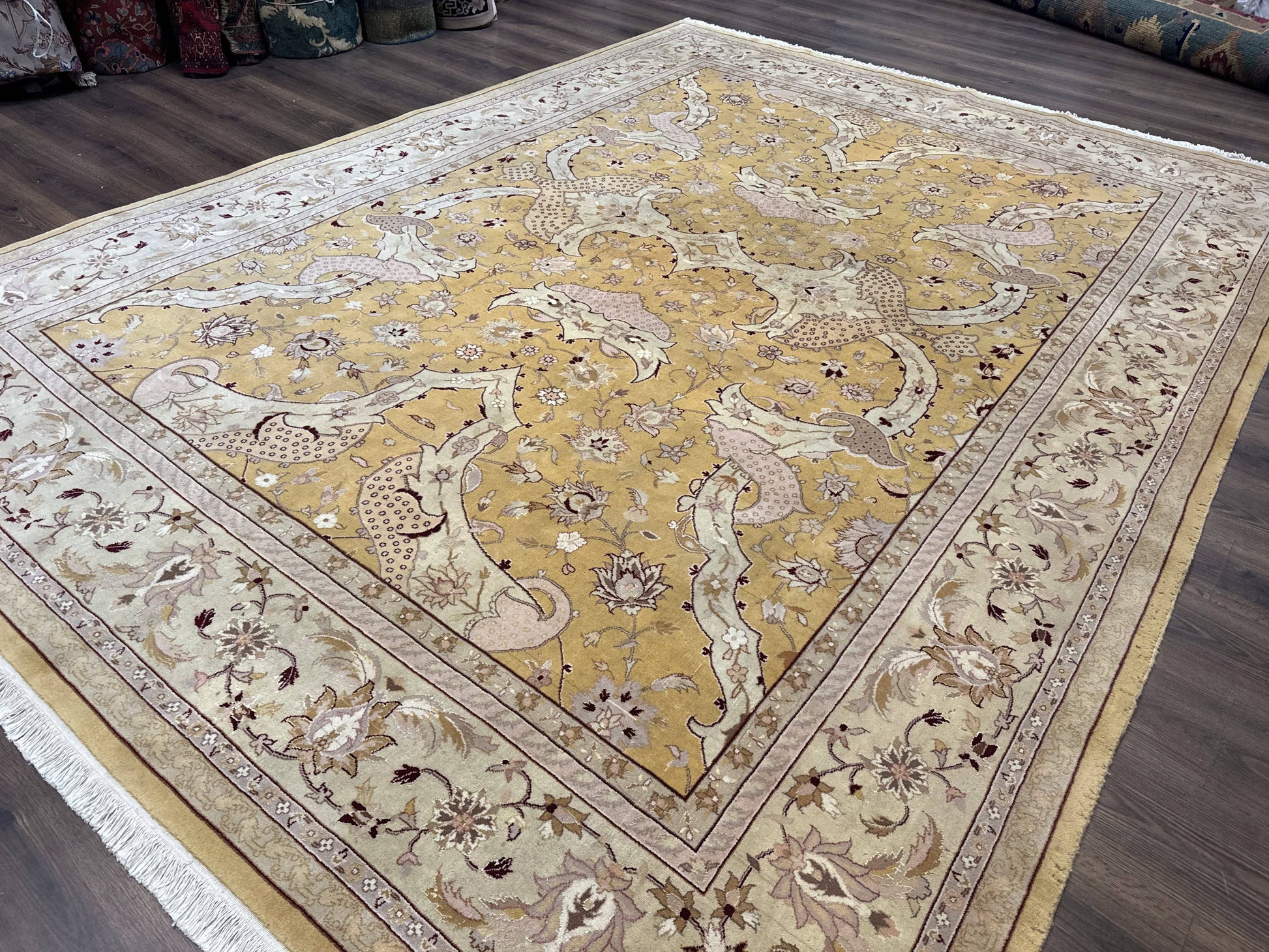 Sino Persian Rug 8x11, Wool with Silk Highlights, Unique Colors, Gold and Light Green, Fine 240 KPSI - Nuvé