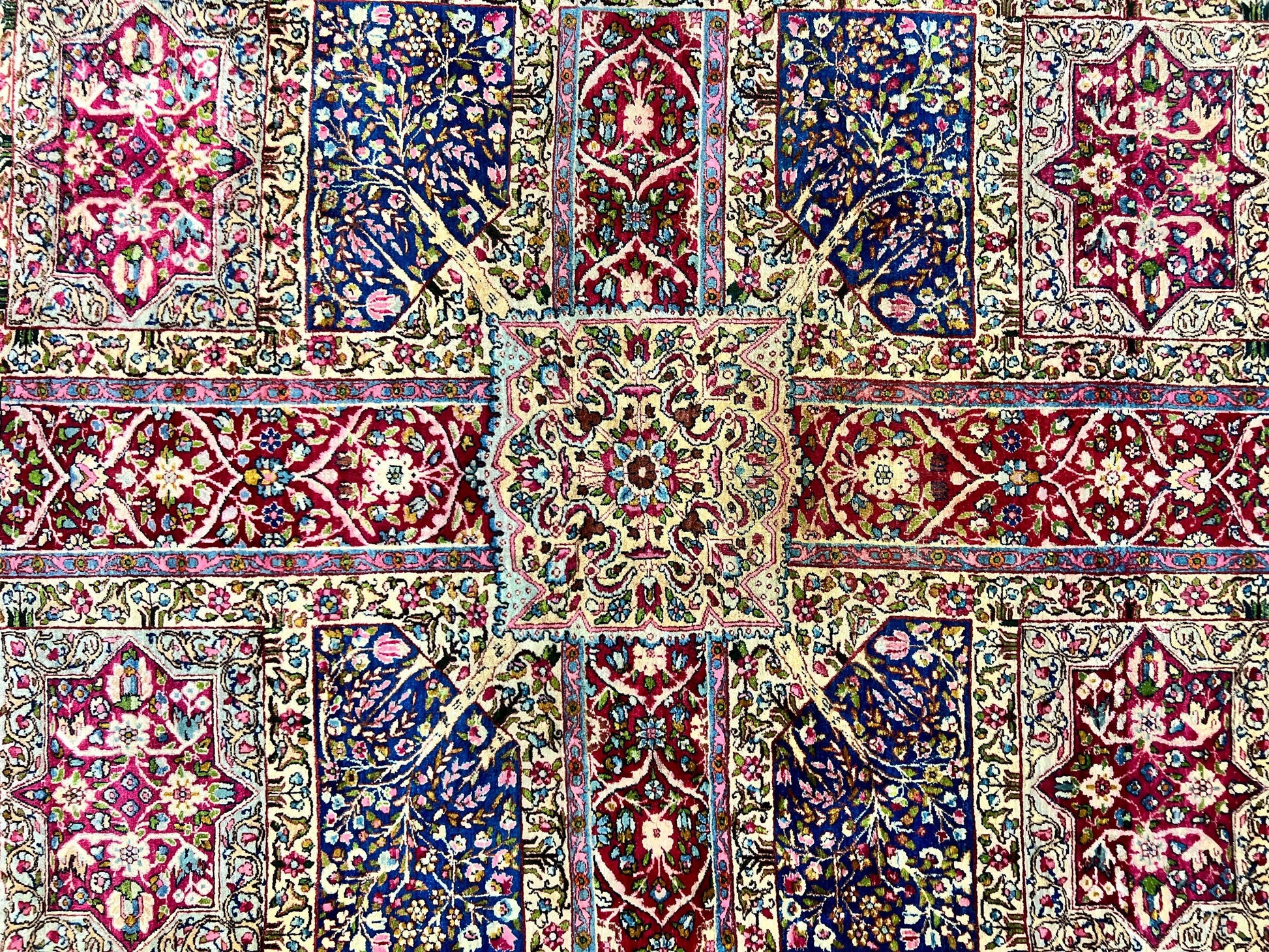 Persian Kirman Lavar Rug 8x9, Antique Persian Carpet, Colorful Multicolor 1920s Handmade Wool Rug, Garden Panel Design, Fine 200 KPSI - Nuvé