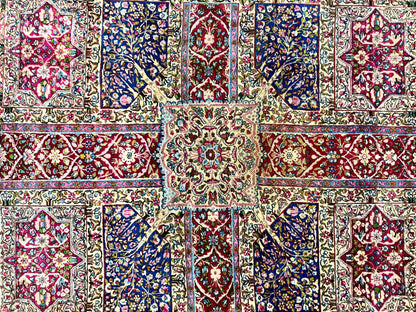 Persian Kirman Lavar Rug 8x9, Antique Persian Carpet, Colorful Multicolor 1920s Handmade Wool Rug, Garden Panel Design, Fine 200 KPSI - Nuvé