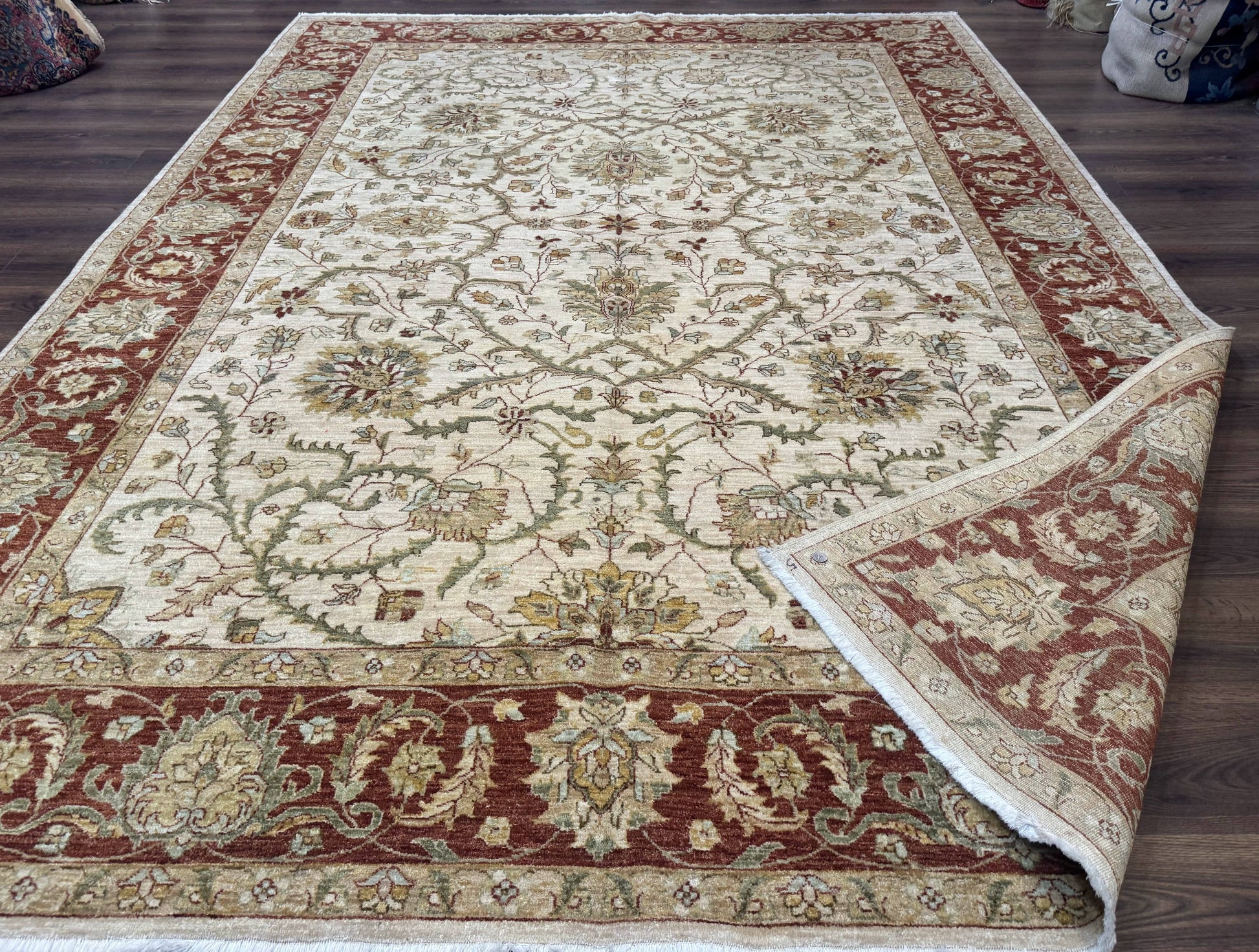 Pakistani Rug 9x12, Floral Allover Peshawar Carpet, Chobi, Beige and Rust Red, Traditional - Nuvé