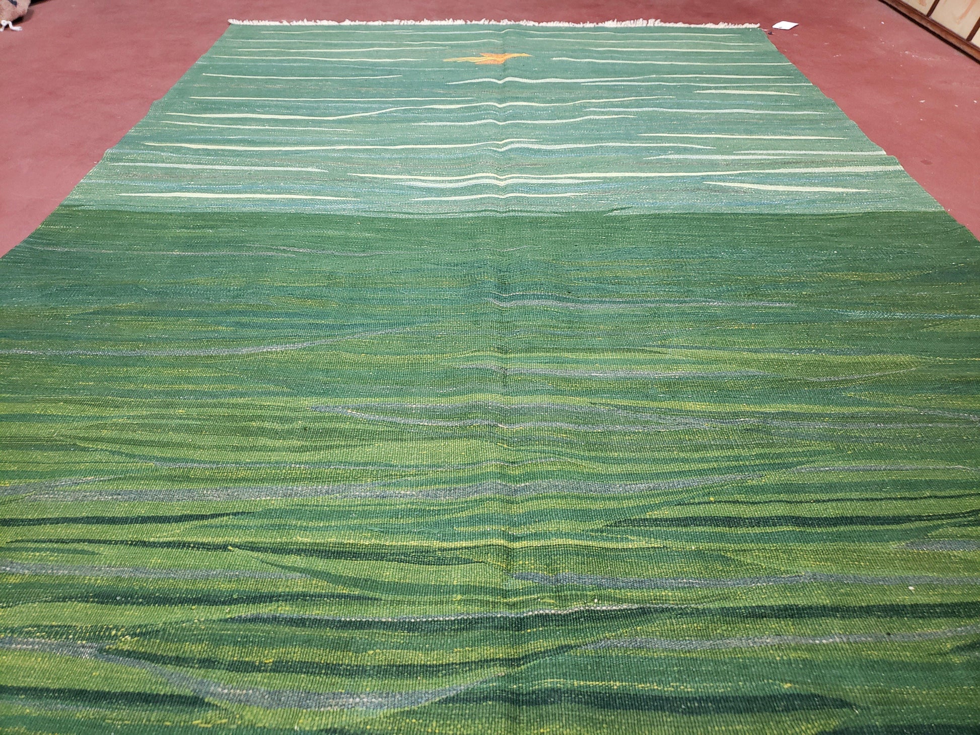 Green Turkish Kilim Rug, 6x9 - 7x10 Rugs, Bird, Handmade New Area Rug, Wool, Bohemian Boho Decor, Hand Woven, Modern Abstract Flat Weave Rug - Nuvé