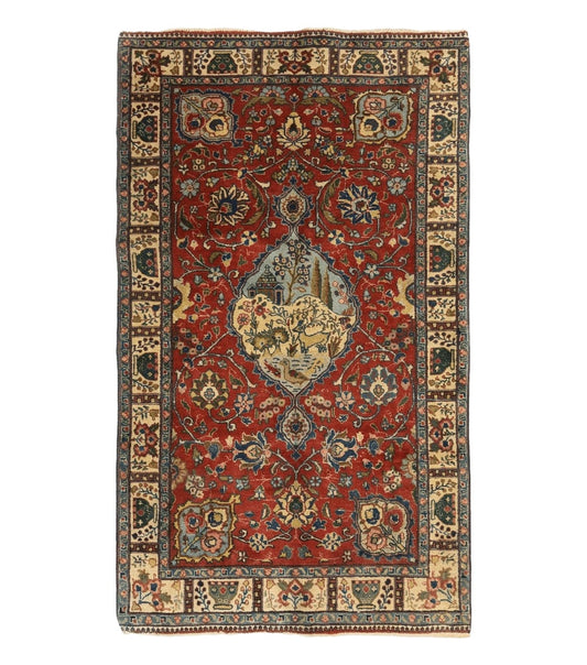 Small Persian Tabriz Rug 2.8 x 4.7, Red, Animal Pictorials, Semi Antique Vintage