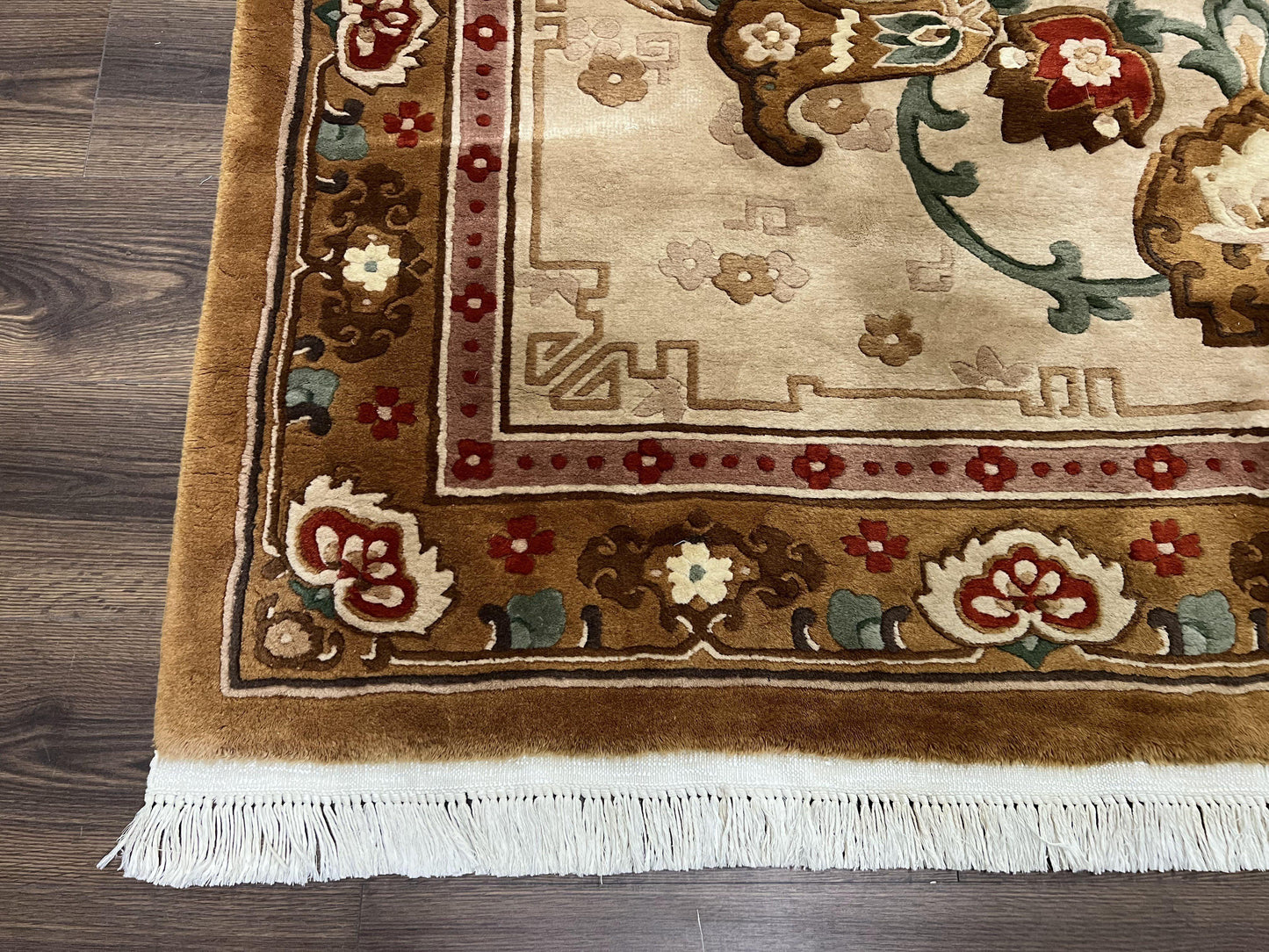 Chinese Wool Rug 5.9 x 9, Tan and Brown Asian Art Deco Carpet, Vintage 1960s Oriental Rug, Hand-Knotted Rug, Soft Wool, Medallion, Pair B - Nuvé