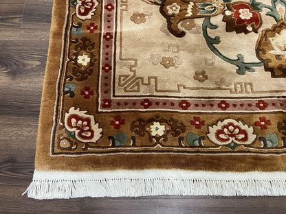 Chinese Wool Rug 5.9 x 9, Tan and Brown Asian Art Deco Carpet, Vintage 1960s Oriental Rug, Hand-Knotted Rug, Soft Wool, Medallion, Pair B - Nuvé