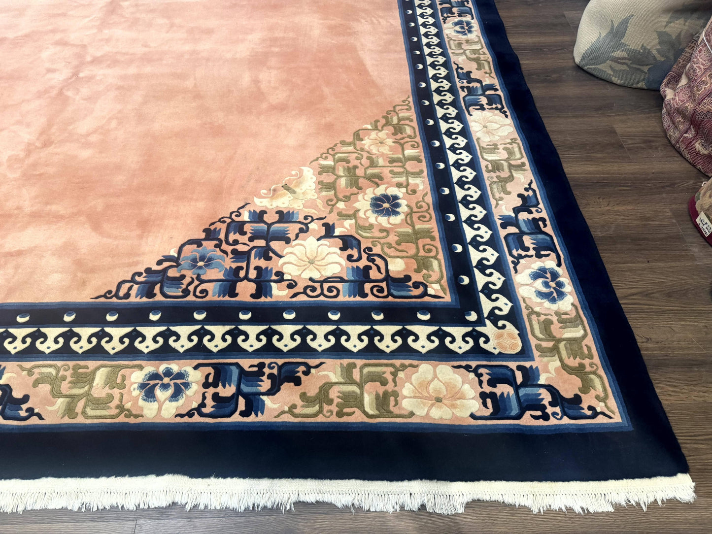 Chinese Wool Rug 11x18, Palace Sized Chinese Carpet, Peking Rug, Peach and Blue, Open Field, Simple Design, Art Deco Rug, Large Handmade Rug - Nuvé