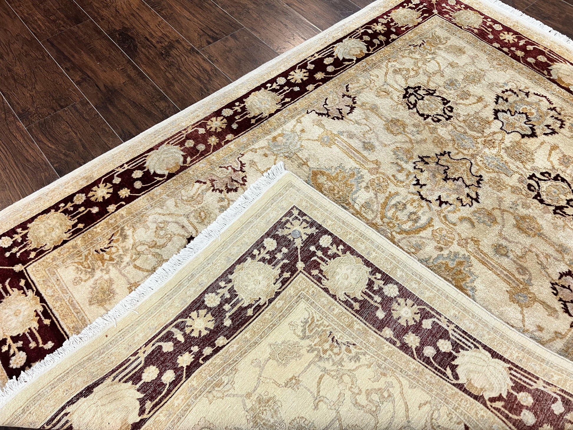 Peshawar Rug 5x7, Beige and Maroon, Vintage Handmade Wool Traditional Carpet 5 x 7 ft, Pakistani Rug, Agra Pattern, Very Fine 260 KPSI - Nuvé