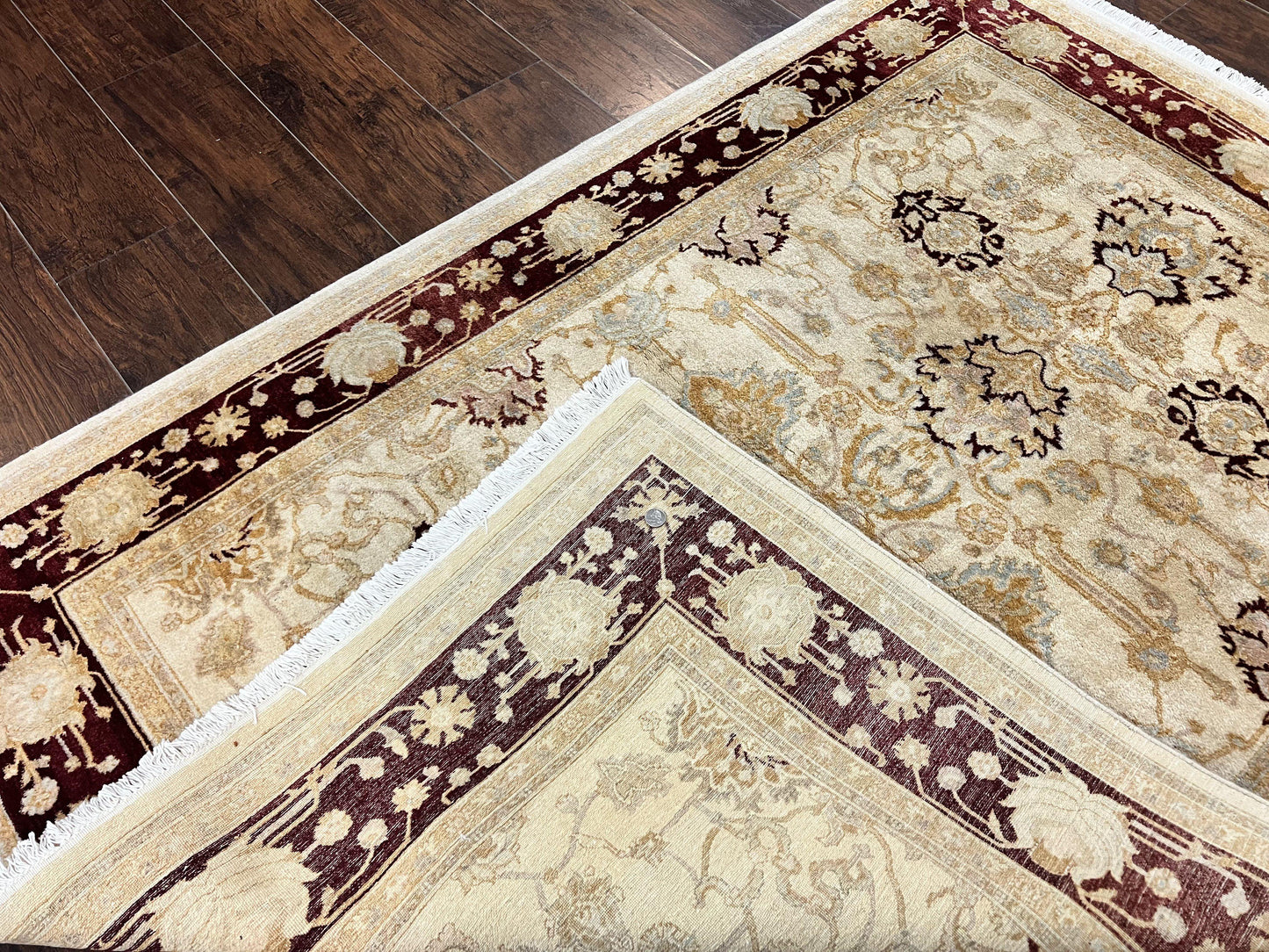 Peshawar Rug 5x7, Beige and Maroon, Vintage Handmade Wool Traditional Carpet 5 x 7 ft, Pakistani Rug, Agra Pattern, Very Fine 260 KPSI