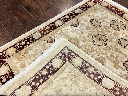 Peshawar Rug 5x7, Beige and Maroon, Vintage Handmade Wool Traditional Carpet 5 x 7 ft, Pakistani Rug, Agra Pattern, Very Fine 260 KPSI