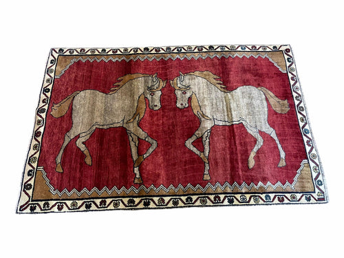 4 X 6 Handmade Hand-Knotted New Vintage Rug Wool Horses Red Organic Dyes Tribal - Nuvé