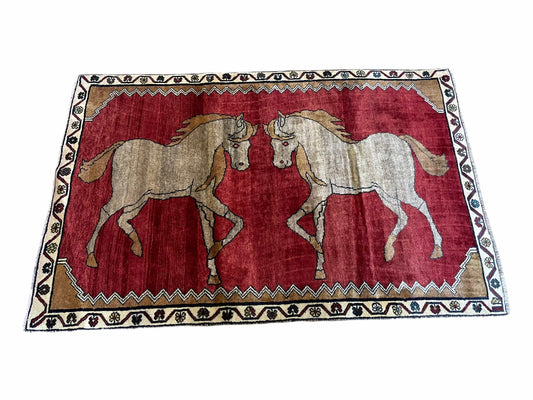 4 X 6 Handmade Hand-Knotted New Vintage Rug Wool Horses Red Organic Dyes Tribal - Nuvé