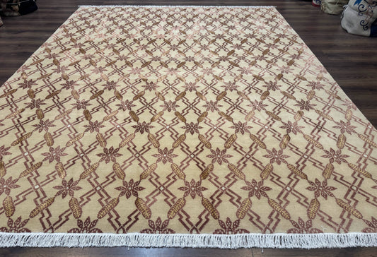 Tibetan Rug 8x10, Wool with Silk Highlights, Beige and Maroon, Contemporary Carpet - Nuvé