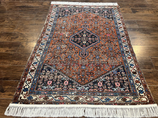 Red Persian Hamadan Rug 4x6, Wool Handmade Antique Carpet, Geometric Medallion Rug, Oriental Rug 4 x 6, Persian Tribal Rug, Hand Knotted Rug - Nuvé