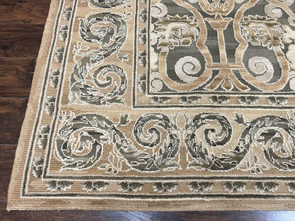 Spanish Rug 11x14, Wool Hand Knotted Vintage Carpet, Olive Green and Beige, Floral Allover, European Design, 11 x 14 Rug - Nuvé