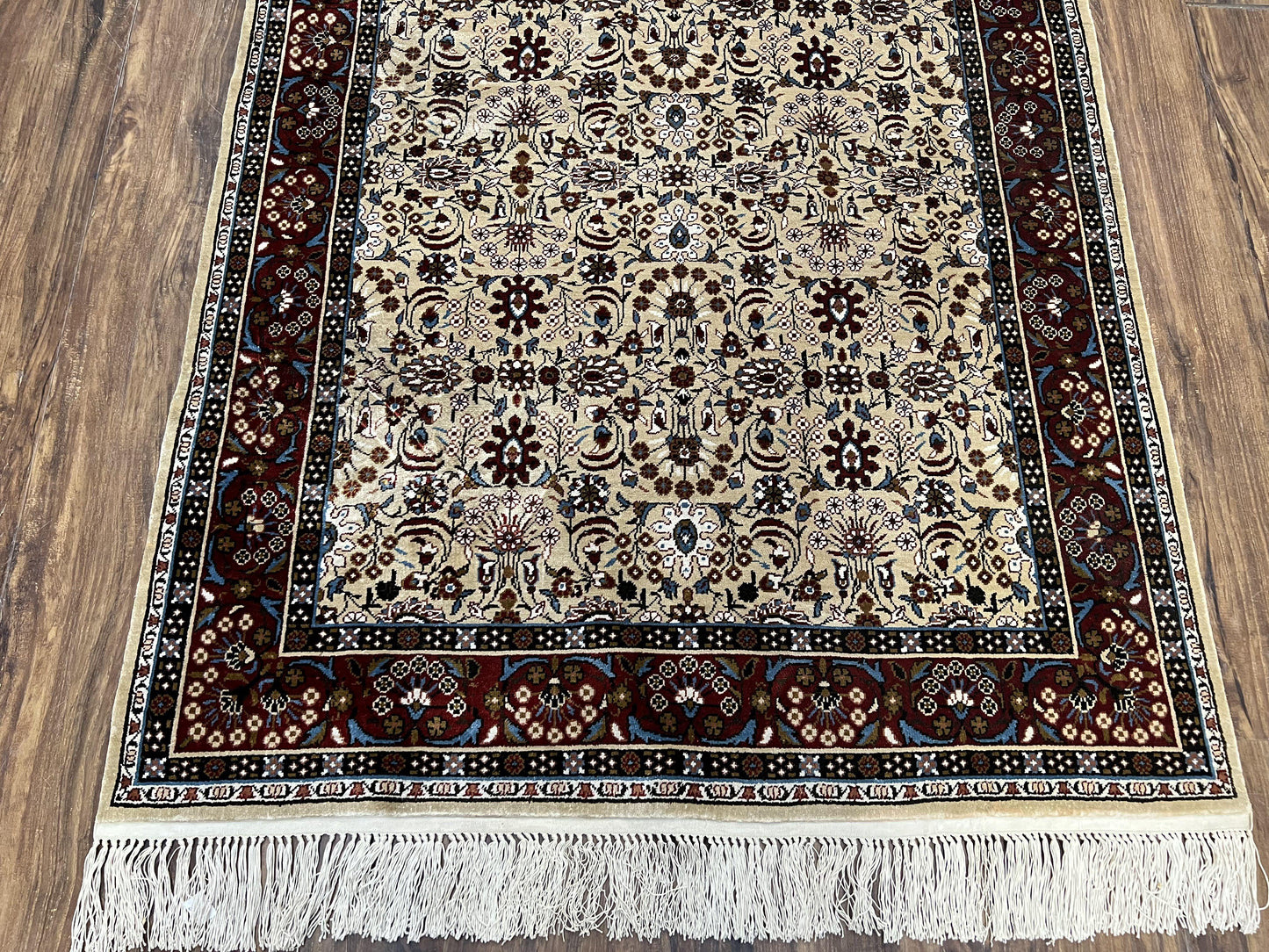 Fine Sino-Persian Silk Rug 3x5, High Quality Silk Carpet, Handmade Small Silk Rug, Allover Repeated Motif, Tan Maroon Blue Vintage Silk Rug - Nuvé
