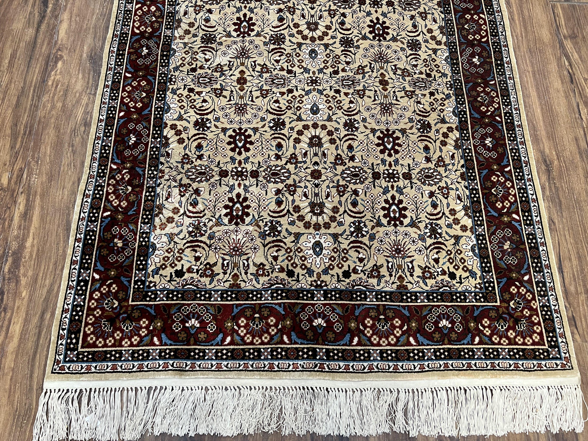 Fine Sino-Persian Silk Rug 3x5, High Quality Silk Carpet, Handmade Small Silk Rug, Allover Repeated Motif, Tan Maroon Blue Vintage Silk Rug - Nuvé