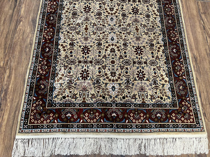 Fine Sino-Persian Silk Rug 3x5, High Quality Silk Carpet, Handmade Small Silk Rug, Allover Repeated Motif, Tan Maroon Blue Vintage Silk Rug - Nuvé