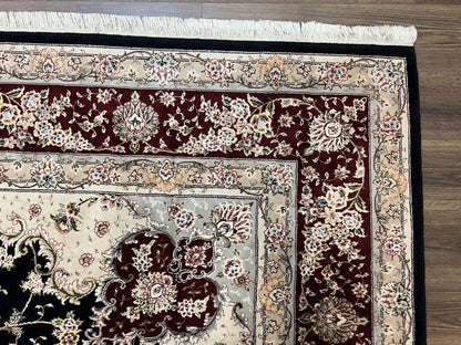 Pak Persian Rug 8.8 x 10.6, Floral Medallion, Wool and Silk Hand Knotted Fine Oriental Carpet, Elegant Rug, Black Gray Burgundy, Room Sized - Nuvé