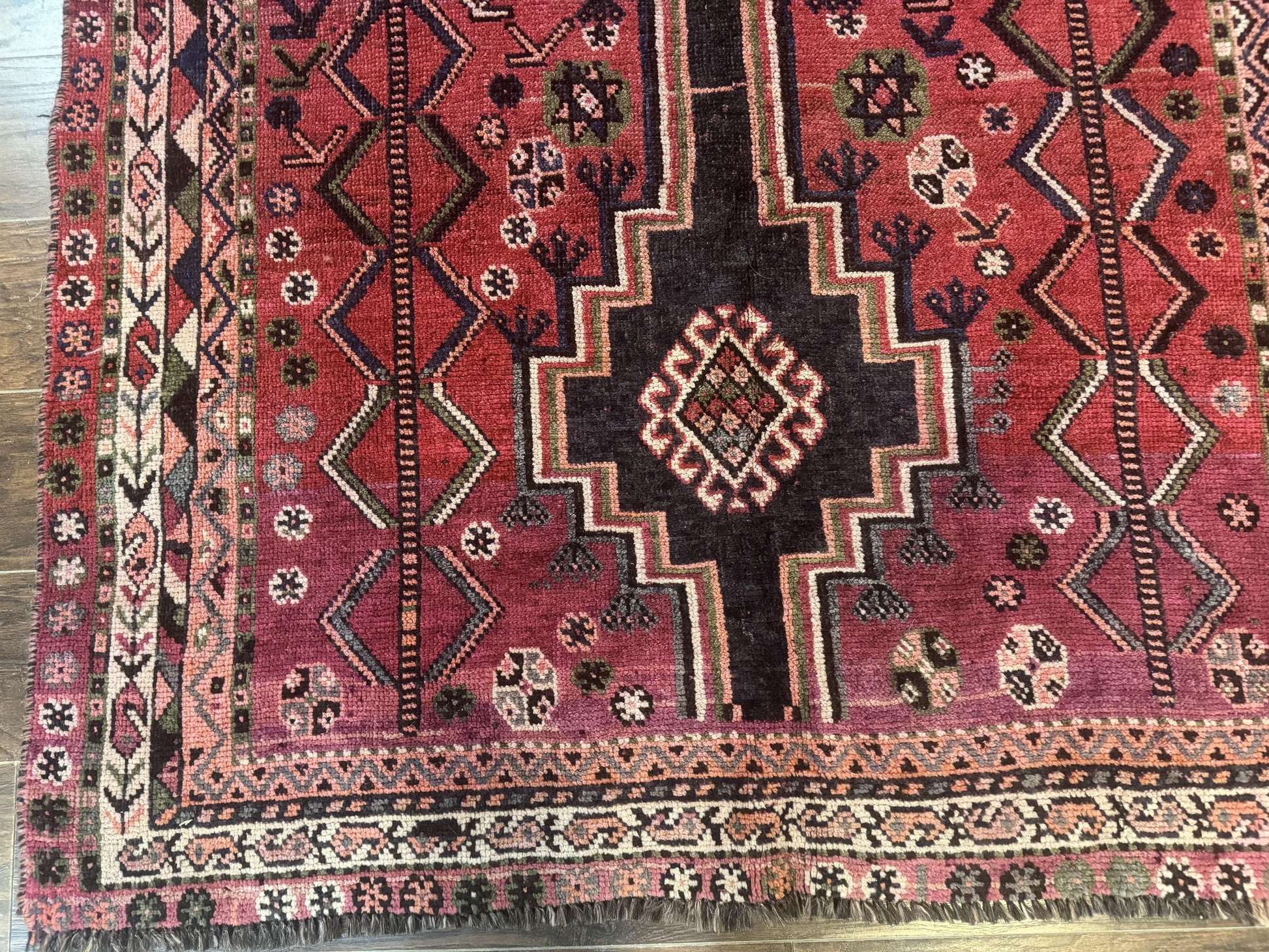 Persian Tribal Shiraz Rug 5x8, Geometric, Raspberry Red and Charcoal, Antique Persian Carpet - Nuvé