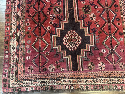 Persian Tribal Shiraz Rug 5x8, Geometric, Raspberry Red and Charcoal, Antique Persian Carpet - Nuvé