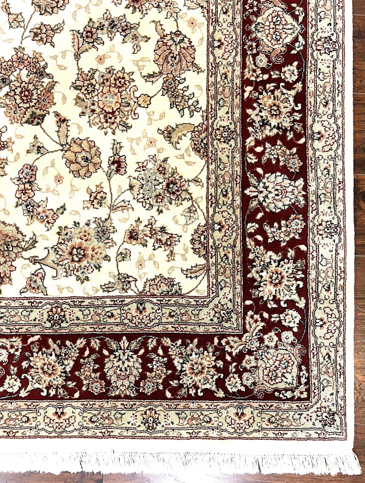 Pak Persian Rug 6x9, Floral Allover Carpet 6 x 9 ft, Cream and Maroon Hand Knotted Wool and Silk Fine Oriental Rug, Traditional Vintage Rug - Nuvé